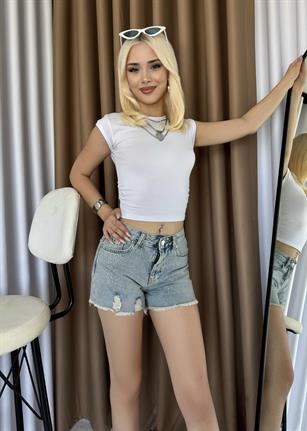 Crystal Touch Yüksek Bel Taş İşlemeli Denim Şort