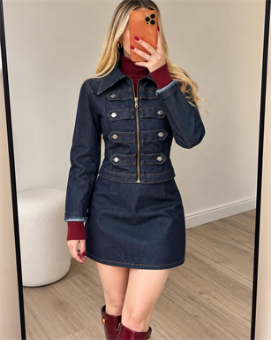Denim Düğme Detaylı Ceket & Etek Takım