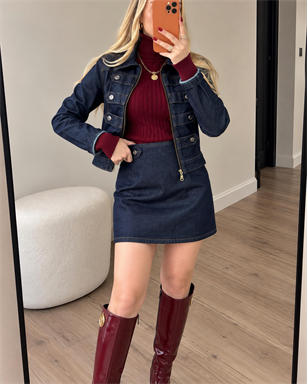 Denim Düğme Detaylı Ceket & Etek Takım