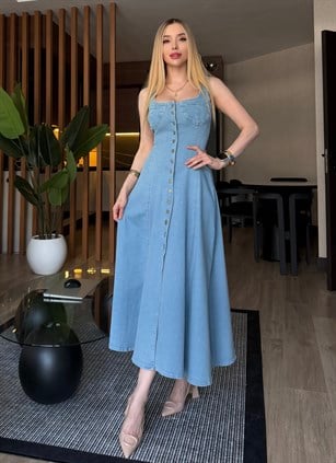 Denim Grace Korsaj Detaylı Düğmeli Midi Elbise