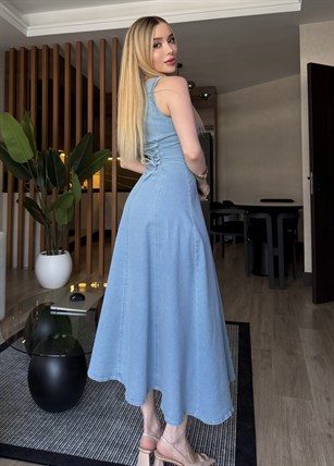 Denim Grace Korsaj Detaylı Düğmeli Midi Elbise