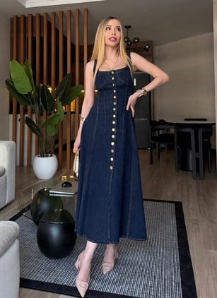 Denim Grace Korsaj Detaylı Düğmeli Midi Elbise