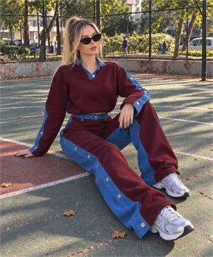 Denim Kontrast Düğme Detaylı İki İplik Takım