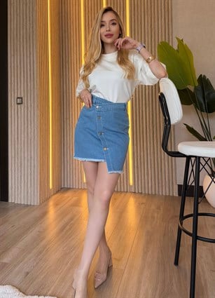 Denim Mood Vatkalı Oversize Tişört Denim Etek Takım