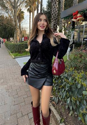 Düğmeli Tasarım Kuzu Hırka-Ceket