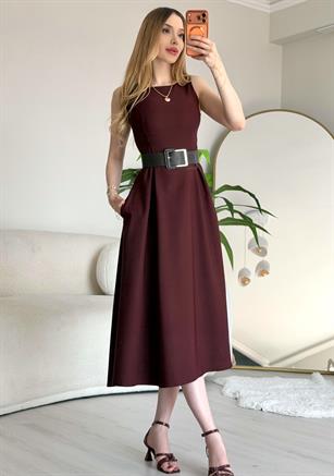 Elegance Flow Halter Midi Dress Bordo