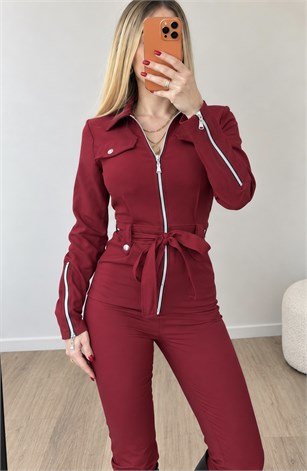 Fermuar Detaylı Kuşaklı Milano Street Tulum Bordo