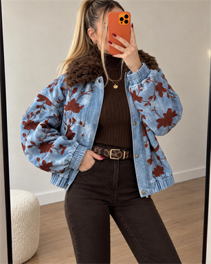 Flora Denim Effect Su Geçirmez Suni Deri Bomber Ceket
