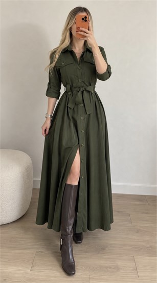Gabardin Kumaş Düğme Ve Bağlama Detaylı Terra Elbise