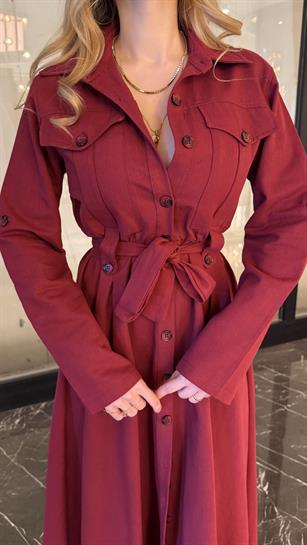 Gabardin Kumaş Düğme Ve Bağlama Detaylı Terra Elbise Bordo