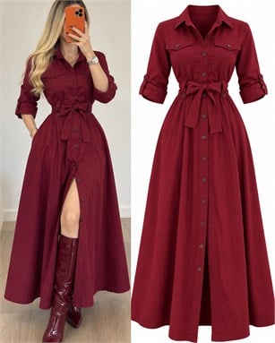Gabardin Kumaş Düğme Ve Bağlama Detaylı Terra Elbise