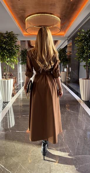 Gabardin Kumaş Düğme Ve Bağlama Detaylı Terra Elbise Kahve