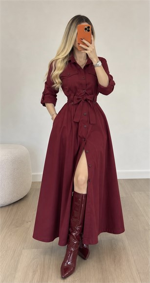 Gabardin Kumaş Düğme Ve Bağlama Detaylı Terra Elbise