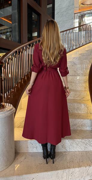 Gabardin Kumaş Düğme Ve Bağlama Detaylı Terra Elbise Bordo