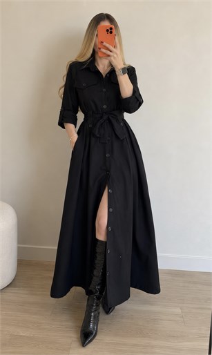 Gabardin Kumaş Düğme Ve Bağlama Detaylı Terra Elbise