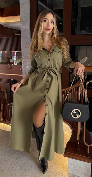 Gabardin Kumaş Düğme Ve Bağlama Detaylı Terra Elbise Haki