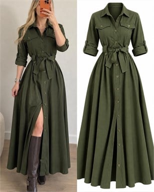 Gabardin Kumaş Düğme Ve Bağlama Detaylı Terra Elbise