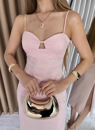 Gabardin Kumaş Nude Grace Göğüs Detaylı Zarif Midi Elbise
