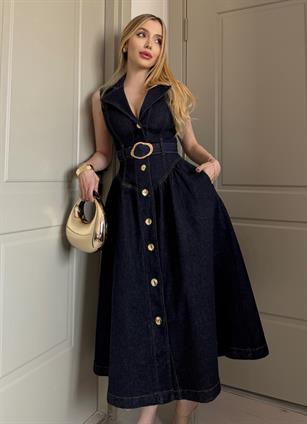 Gold Kemerli Denim Elegance Elbise