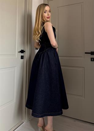 Gold Kemerli Denim Elegance Elbise