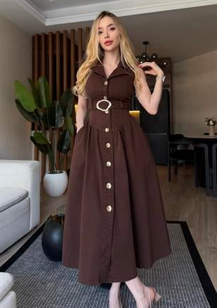 Gold Kemerli Denim Elegance Elbise Kahve
