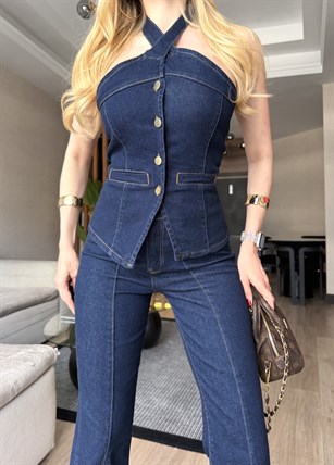 Halter Yaka Gold Detaylı Dark Denim Takım