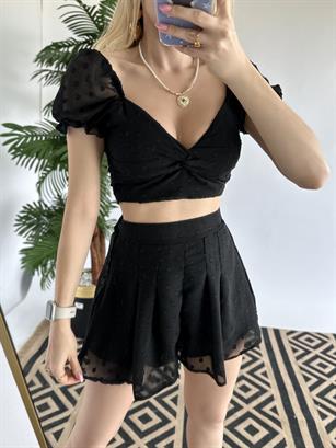 Kabartmalı Kumaş Puantiyeli Kloş Mini Şortlu Etek Karpuz Kol Büstiyer Takım