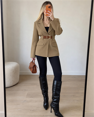 Kemer Detaylı İçi Astarlı Tasarım Blazer Ceket