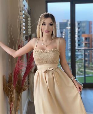 Kendinden Kemerli Gipeli Fırfır Detaylı Elbise