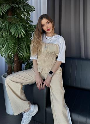 Krinkıl Kumaş Büzgülü Yüksek Bel Elegance Takım Krem
