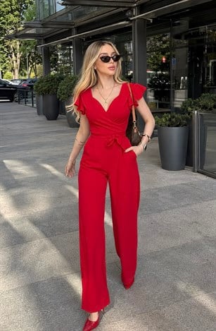 Kruvaze Yaka Kuşaklı Bella Noir Elegance Tulum Kırmızı