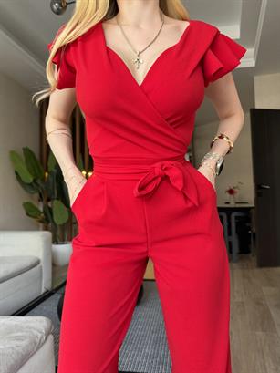 Kruvaze Yaka Kuşaklı Bella Noir Elegance Tulum Kırmızı