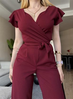 Kruvaze Yaka Kuşaklı Bella Noir Elegance Tulum Bordo