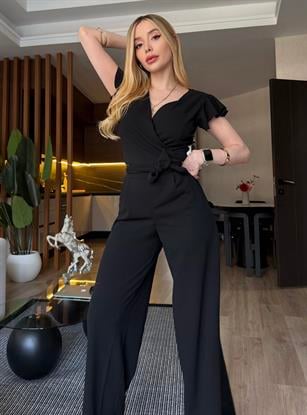 Kruvaze Yaka Kuşaklı Bella Noir Elegance Tulum Siyah