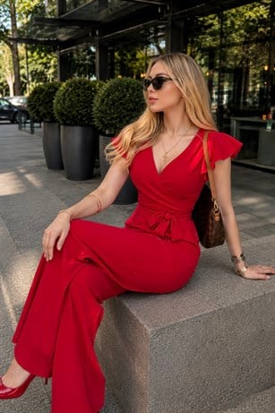 Kruvaze Yaka Kuşaklı Bella Noir Elegance Tulum Kırmızı