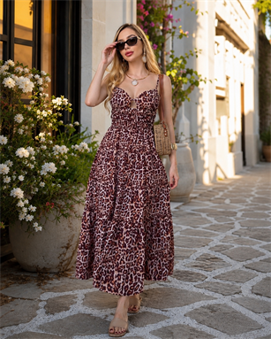 Leopar Safari Sırt Detaylı Maxi Elbise