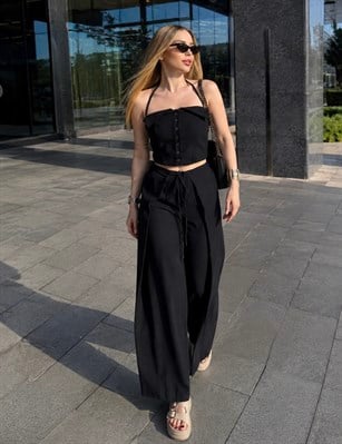 Marrakesh Breeze Keten Kumaş Bağlama Detaylı Takım Siyah