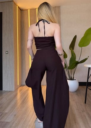 Marrakesh Breeze Keten Kumaş Bağlama Detaylı Takım Kahve