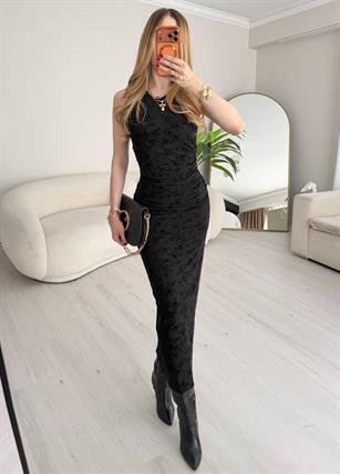 Midnight Bloom Fit Midi Elbise Siyah