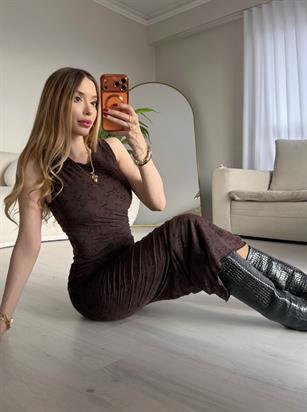 Mocha Bloom Fit Midi Elbise Kahve