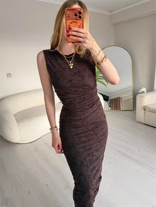 Mocha Bloom Fit Midi Elbise Kahve