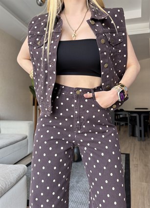 Mon Cheri Puantiye Yelekli Denim Takım Kahve