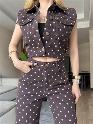 Mon Cheri Puantiye Yelekli Denim Takım Kahve