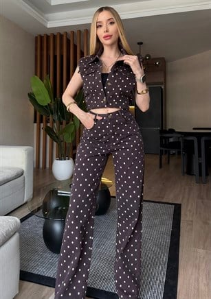 Mon Cheri Puantiye Yelekli Denim Takım Kahve