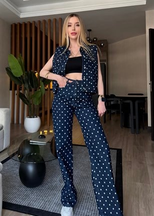 Mon Cheri Puantiye Yelekli Denim Takım Lacivert