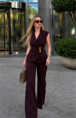 Monaco Elegance Gold Düğmeli Yelek Pantolon Takım