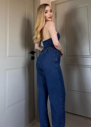 Montera Denim Boyundan Bağlamalı Tokalı Tulum