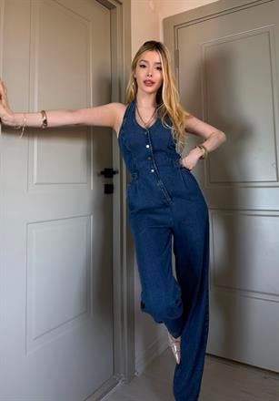 Montera Denim Boyundan Bağlamalı Tokalı Tulum