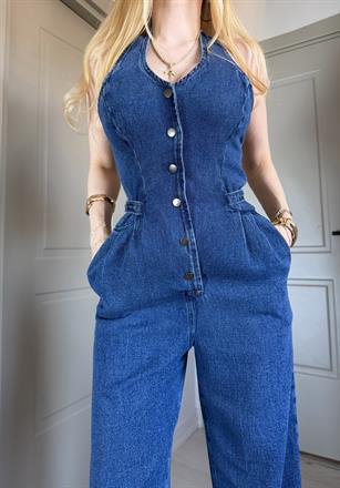 Montera Denim Boyundan Bağlamalı Tokalı Tulum