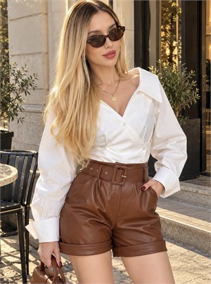 Noir Chic Duble Paça Kemerli Deri Şort
